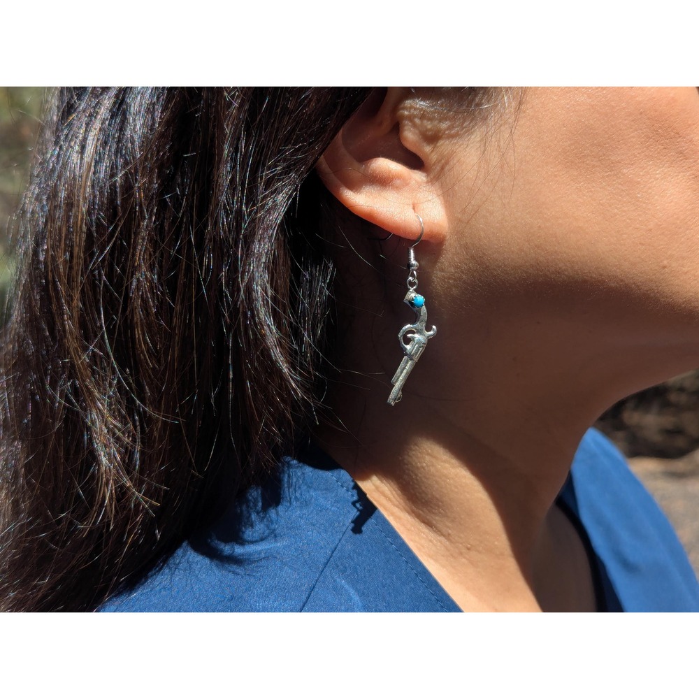 Handmade Navajo Sterling Silver Gun w/ Turquoise Dangle Earrings Western Style** - Picture 5 of 11